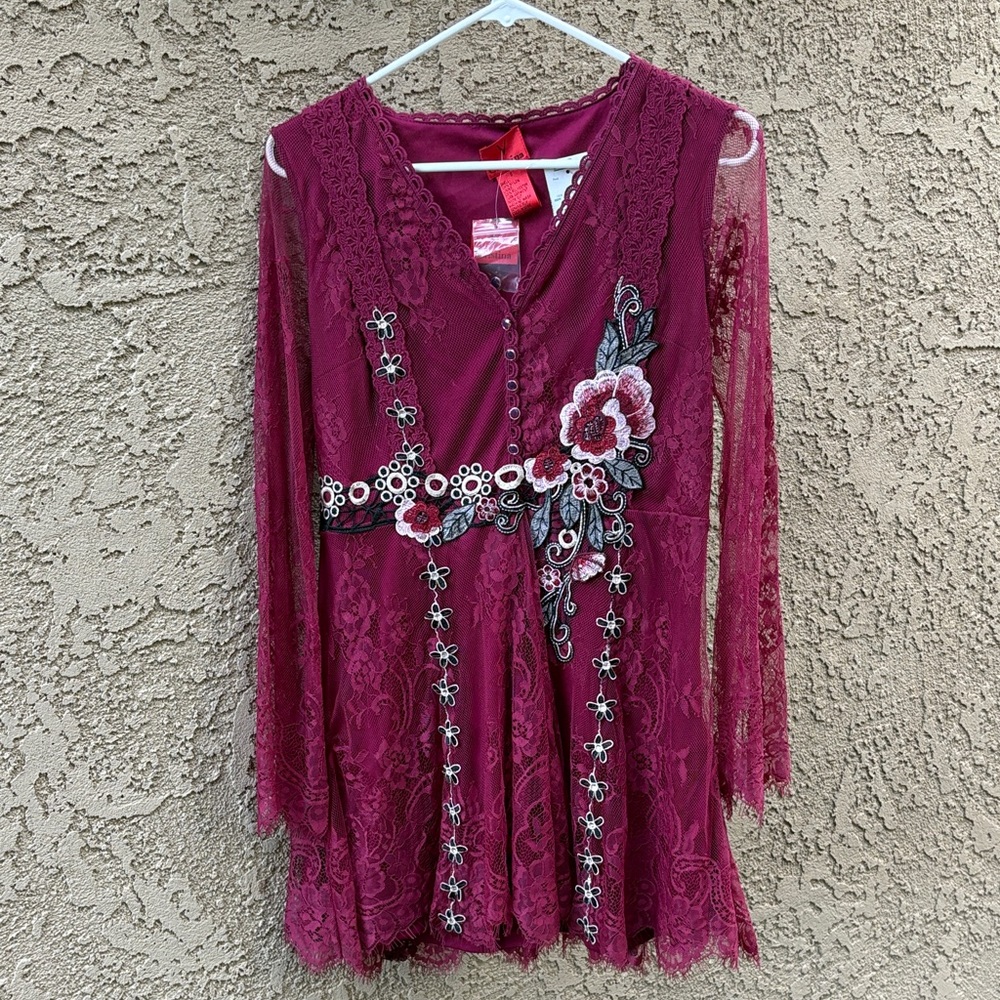 V Cristina Deep Red Lace Dress with Floral Accents